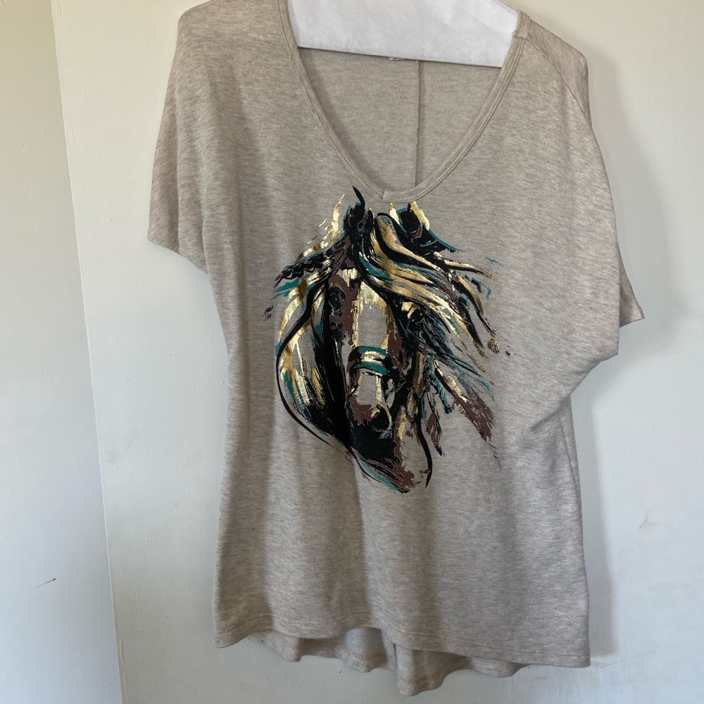 Gray V-Neck T-Shirt with Horse Print
